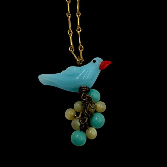 Vintage Lenora Dame Art Glass Blue Bird Sitting on Eggs Pendant Necklace Gold To - Picture 14 of 16